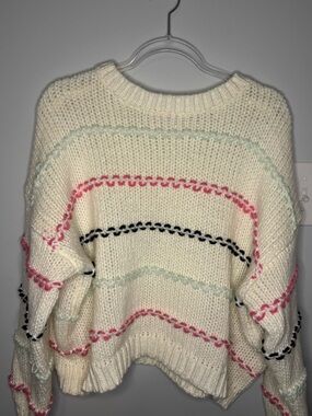 Pink Lily Cream Crewneck Sweater with Pink, Mint & Black Stitching